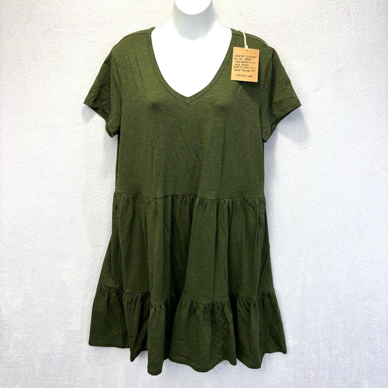 Nwt Toad & Co Marley Tiered Dress Womens L Green Pockets Organic Comfy Casual